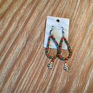Festive Beaded Christmas Tree Drop Earrings - Red & Green